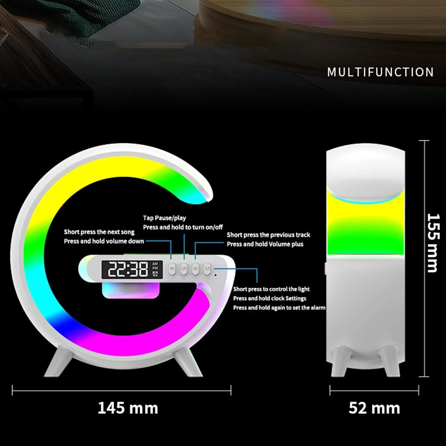 Lampa led RGB de masa 3in1, At Performance, cu Statie incarcare wireless, Muzica Bluetooth, FM, USB, 1500mh, Alb